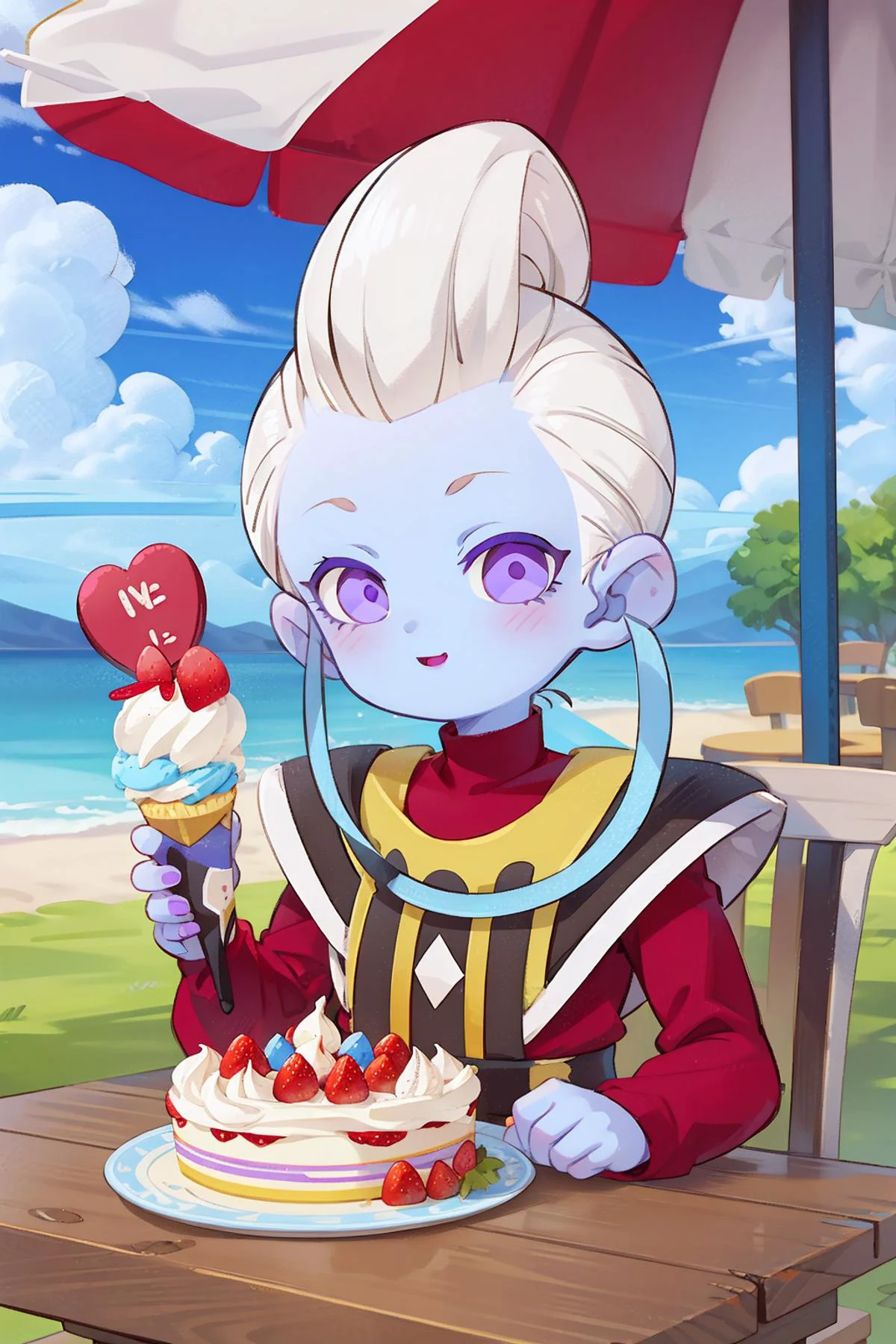 masterpiece, best quality,
white hair, blue skin, colored skin, purple eyes, purple lips, looking at viewer, smile, happy, mouth open, blush, upper body shot,
sitting behind a table, open air restaurant, table full of ice cream, large portion, strawberries on ice cream, ice cream in a tub, ice cream cake, huge cake, romantic ambiance,
<lora:WhisV2:0.7>, whis,
<lora:detail_slider_v4:1>,
<lora:more_details:0.2>,
<lora:add_detail:0.5>,