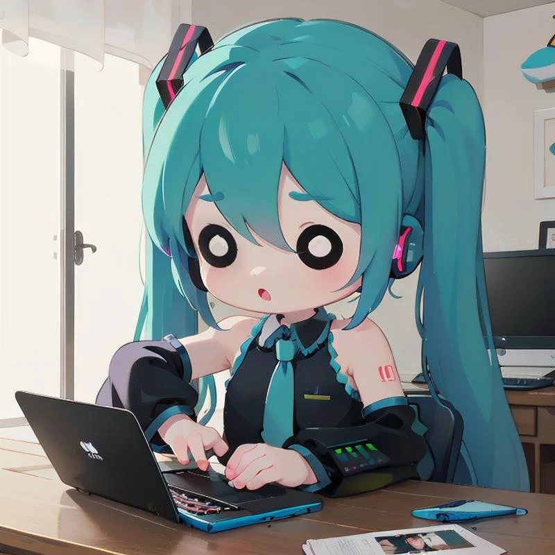 a mini hatsune miku fixing a pc <lora:hotarueye_comic4_v200:1> o_o