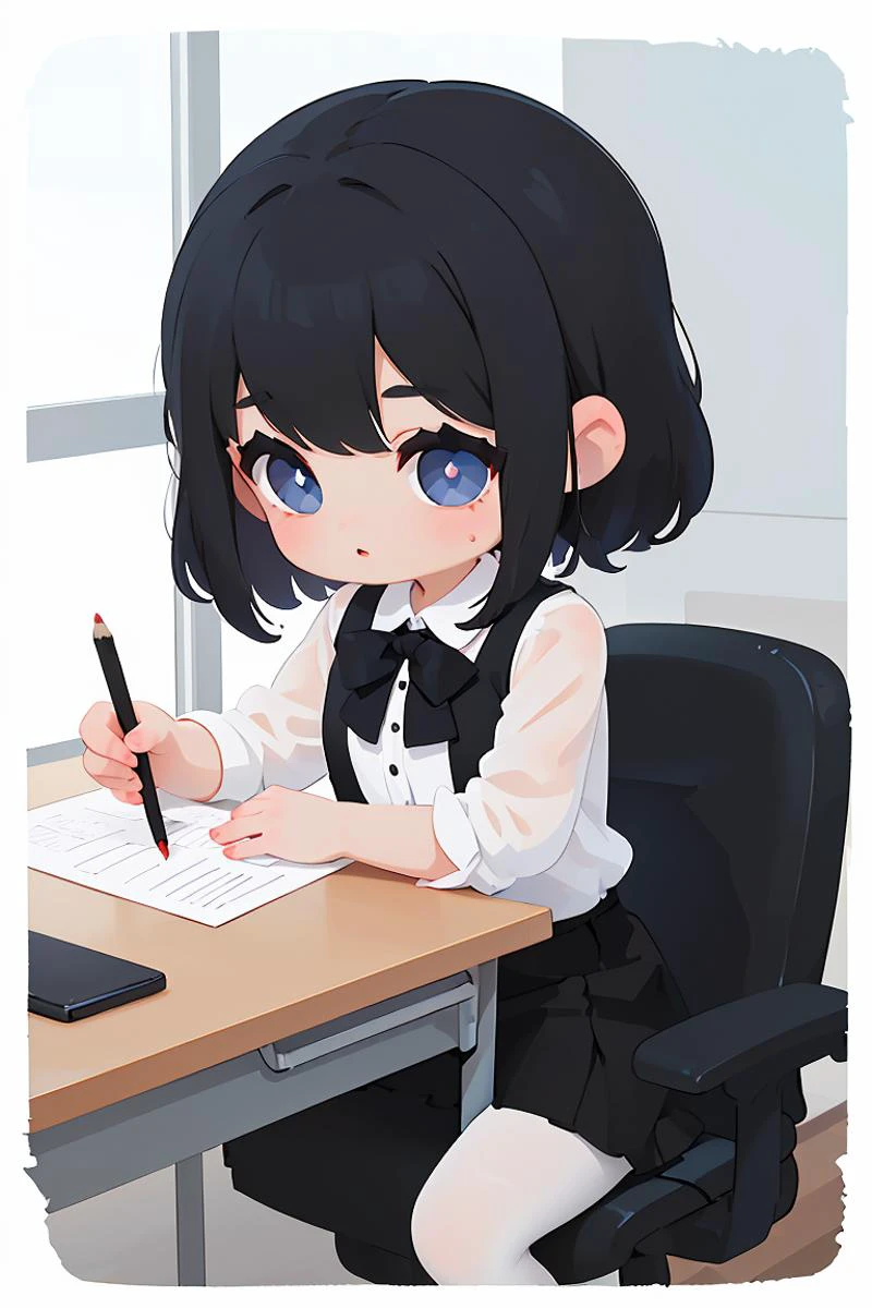 (masterpiece, best quality), a young black haired girl office secretary dressed in a transparent white blouse and black office skirt and black pantyhose ,sitting in an office chair, holding pencil, (detailed skin:1.3),(detailed eyes), (sharp focus),