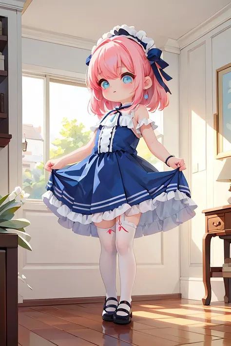 (masterpiece, best quality), 1girl, blue and white frill dress, (white stockings), pink hair, cute face, standing, indoor, intricate detail, sunlight, <lora:add_detail:1>