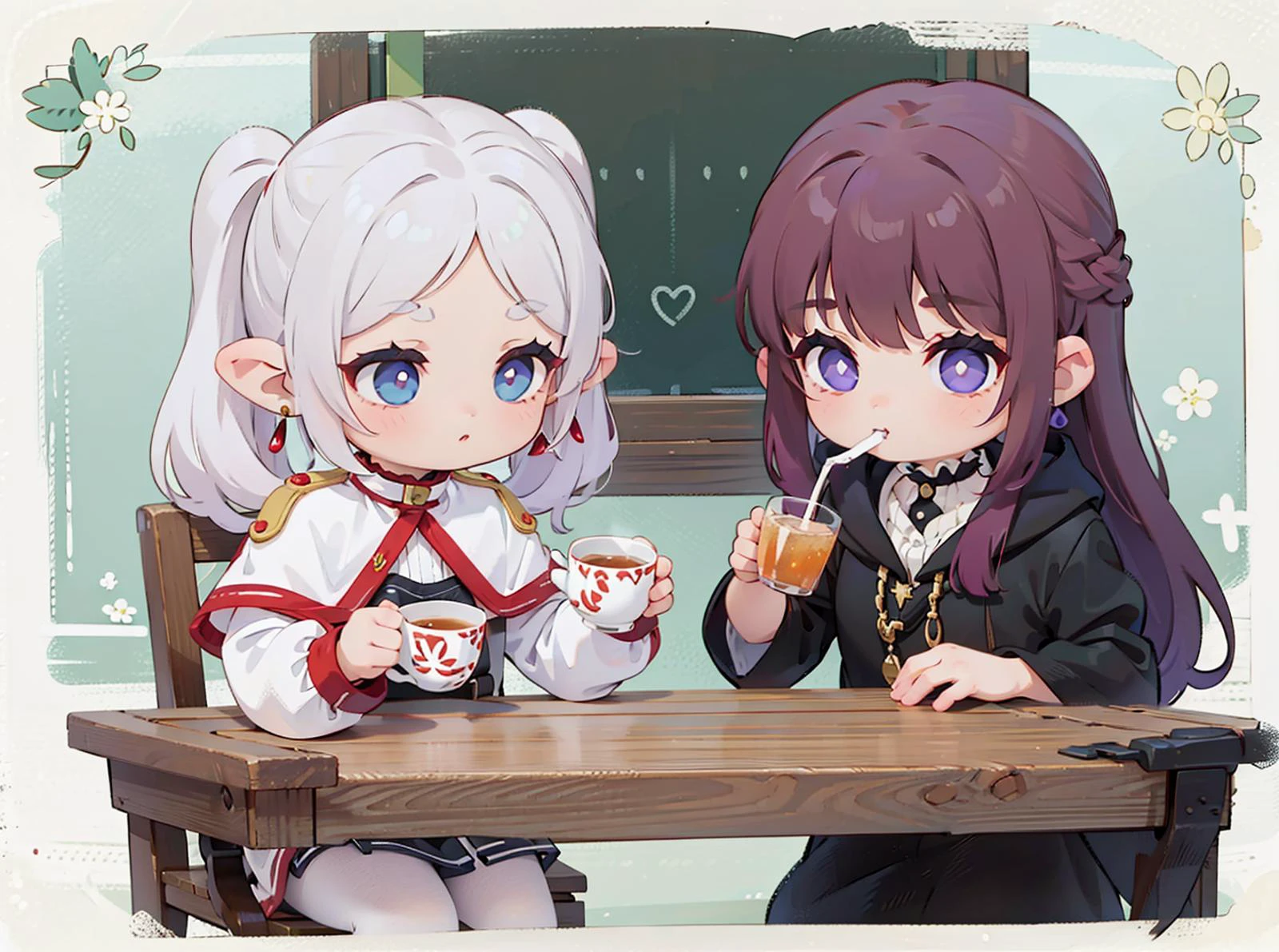 2 girls sitted drinking tea, BREAK
<lora:CHAR-Frieren:0.6> Frieren, twintails, earrings, FrierenBase, twintails, earrings, white capelet, striped shirt, white skirt, long sleeves, belt, black pantyhose, BREAK
<lora:CHAR-Fern:0.6> FernFrieren, very long hair, purple eyes, (purple pupils), white dress, black robe BREAK