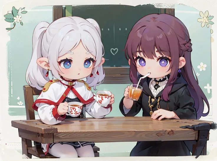 2 girls sitted drinking tea, BREAK
<lora:CHAR-Frieren:0.6> Frieren, twintails, earrings, FrierenBase, twintails, earrings, white capelet, striped shirt, white skirt, long sleeves, belt, black pantyhose, BREAK
 <lora:CHAR-Fern:0.6> FernFrieren, very long hair, purple eyes, (purple pupils), white dress, black robe BREAK