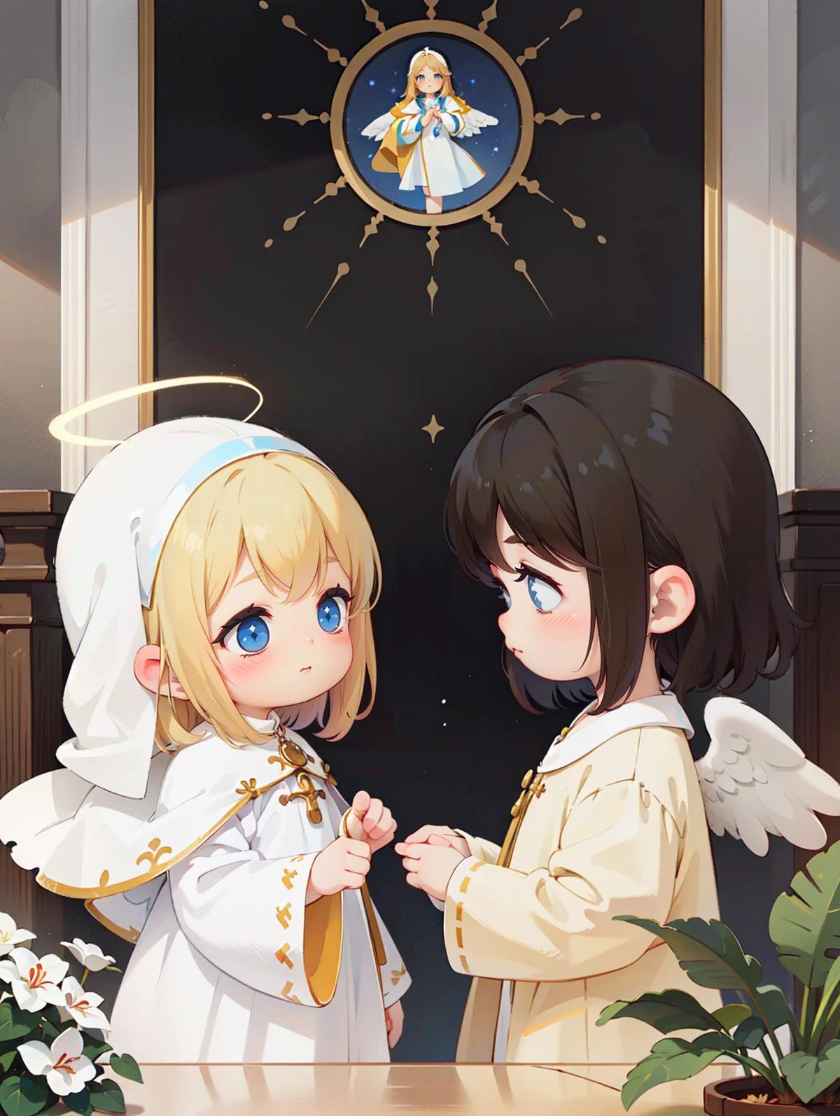 ((religious painting)),((portrait)),masterpiece,best quality,ultra detailed,highres,((the style of the medieval christian church)),high-resolution,4k,4k portrait,8k,8k portrait,unity 8k wallpaper,extremely detailed CG,realistic,RAW photo,real person,portrait photography,photorealistic,shiny skin,detailed skin,
"Compose a scene depicting the Annunciation,a common subject in religious paintings,
((notification)),(((virgin mary))),Characters: Include the figures of the Virgin Mary and the angel Gabriel. Mary is often portrayed in a reverent posture,while Gabriel approaches her with a message from God.,
Setting: Set the scene in a humble setting,such as a room or a garden,to reflect the ordinary nature of the encounter.,
Divine Presence: Convey a sense of divine presence through the use of radiant light or a halo around the characters,symbolizing the holy nature of the event.,
Gestures and Expressions: Depict Mary's surprise and humility in her facial expression and body language,as she receives the news of her divine role. Gabriel may be shown in a gentle and comforting pose.,
Symbolic Elements: Include symbolic objects like a lily,representing Mary's purity,or a book,representing divine wisdom and the Word of God.,
Feel free to add your own creative touches while maintaining the essence of the Annunciation narrative. Focus on capturing the awe-inspiring moment and the significance of the interaction between Mary and Gabriel.",
oil painting,(((virgin mary's clothes))),((angel's clothes)),((clothes)),(clergyman),(white cloth:1.5),, ((religious painting)),((portrait)),masterpiece,best quality,ultra detailed,highres,((the style of the medieval christian church)),high-resolution,4k,4k portrait,8k,8k portrait,unity 8k wallpaper,extremely detailed CG,realistic,RAW photo,real person,portrait photography,photorealistic,shiny skin,detailed skin,
"Compose a scene depicting the Annunciation,a common subject in religious paintings,
((notification)),(((virgin mary))),Characters: Include the figures of the Virgin Mary and the angel Gabriel. Mary is often portrayed in a reverent posture,while Gabriel approaches her with a message from God.,
Setting: Set the scene in a humble setting,such as a room or a garden,to reflect the ordinary nature of the encounter.,
Divine Presence: Convey a sense of divine presence through the use of radiant light or a halo around the characters,symbolizing the holy nature of the event.,
Gestures and Expressions: Depict Mary's surprise and humility in her facial expression and body language,as she receives the news of her divine role. Gabriel may be shown in a gentle and comforting pose.,
Symbolic Elements: Include symbolic objects like a lily,representing Mary's purity,or a book,representing divine wisdom and the Word of God.,
Feel free to add your own creative touches while maintaining the essence of the Annunciation narrative. Focus on capturing the awe-inspiring moment and the significance of the interaction between Mary and Gabriel.",
oil painting,(((virgin mary's clothes))),((angel's clothes)),((clothes)),(clergyman),(white cloth:1.5),