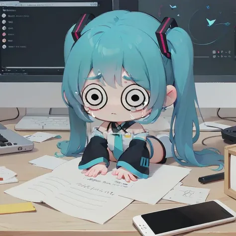 a mini hatsune trying miku fixing a pc , o_o, <lora:hotarueye_comic4_v200:.5>, panic, fetal position,