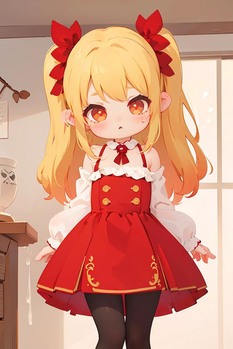 (masterpiece, best quality), 1girl, blonde hair, red dress, pantyhose, cute face, blush,