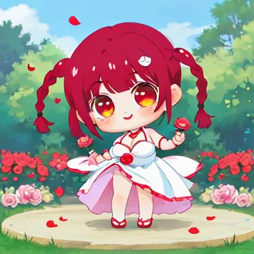 1 girl, Mamori Tokonome, 1girl, MamoriTokonome, large breasts, red hair, thin braid twintails, white smiling cat hair pin, pink lips, gold eyes, full body shot, smiling, wedding dress, outdoors, flowers, roses, holding a bouquet of roses, flower petals falling from the sky, <lora:Mamori_Tokonome-10:.5>