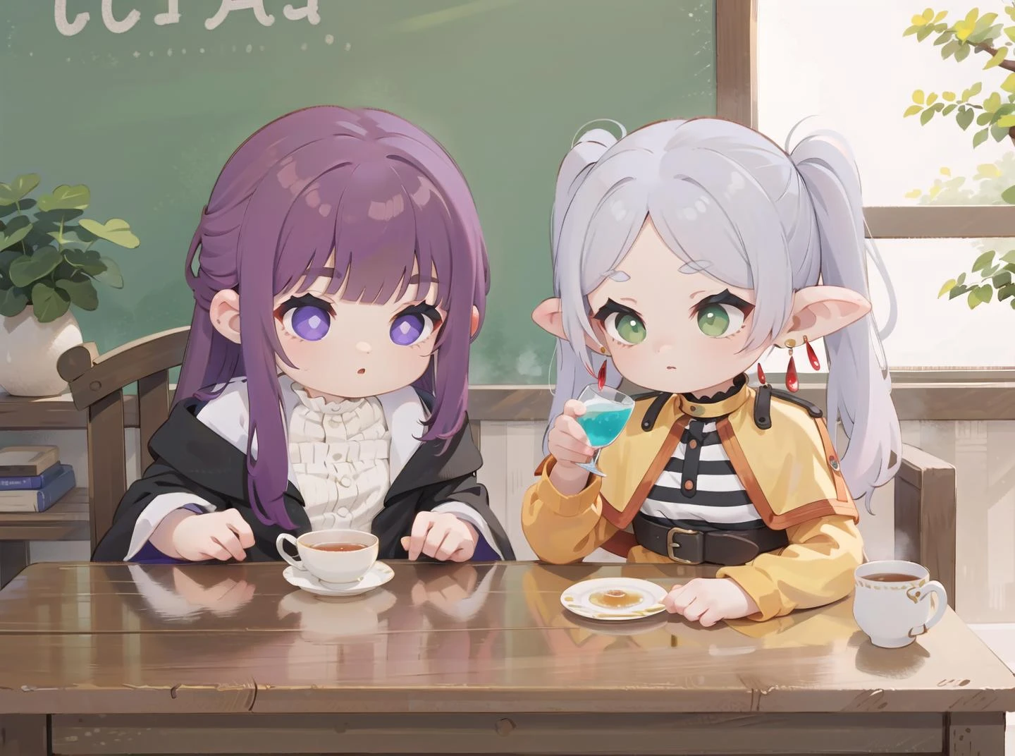 2 girls sitted drinking tea, BREAK
<lora:CHAR-Fern:0.6> FernFrieren, very long hair, purple eyes, (purple pupils), white dress, black robe,BREAK
<lora:CHAR-Frieren:0.6> Frieren, twintails, earrings, FrierenBase, twintails, earrings, white capelet, striped shirt, white skirt, long sleeves, belt, black pantyhose, green eyes