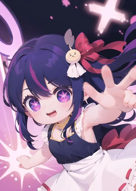 <lora:hoshinoAiOshiNoKo_v90:0.8> Hoshino Ai, long hair, purple hair, streaked hair ,purple eyes, star-shaped pupils, hair ornament, open mouth, smile, frilled dress, bow