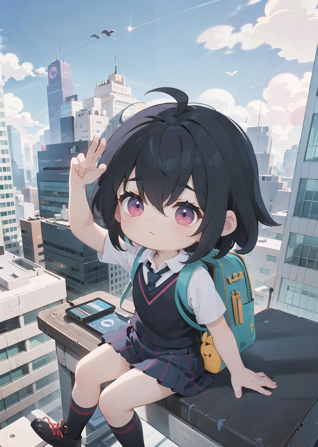 sitted on a skyscraper, from above, looking up, backpack, <lora:peni_parker:1> peniparker, messy hair,