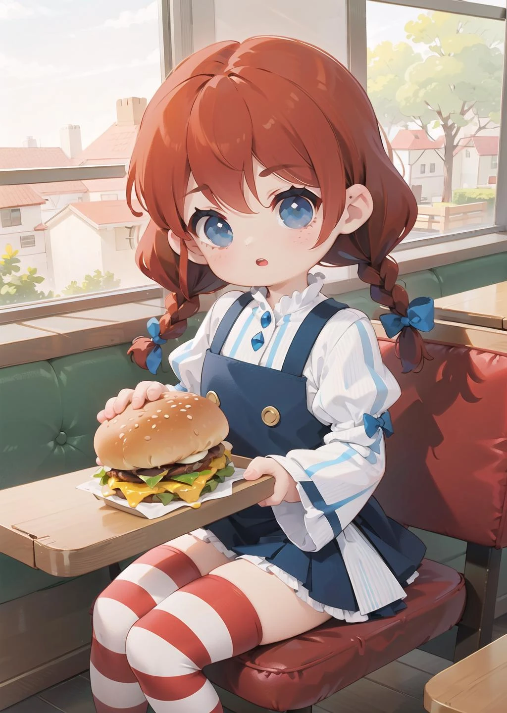 pov from above, a girl in a restaurant, <lora:fastfood_wendys-10:0.6> ffwendys, twin braids, hair bow, striped dress, striped sleeves, puffy sleeves, striped thighhighs, holding a burger, sitting, open mouth, looking at viewer,
