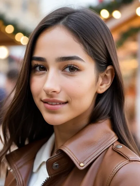 raw photo, extreme close up of NadiaSD15, wearing a brown leather jacket over a white shirt, blurry out of focus background, at a christmas market in malta, 1girl, (extremely detailed natural skin with pores and texture:1.2), 4k textures, sharp focus foreground and subject, happy, looking at viewer, staring into camera and smirking