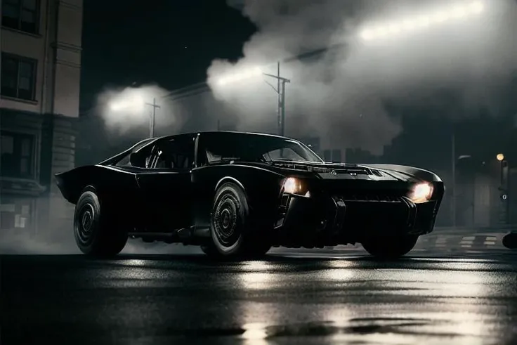 analog gloomy photo of a black car, <lora:b4tm0b1l322:1>, racing down an avenue at night, city buildings on fire, outrun, explosions in the background, tracer gunfire, ((nighttime)), High Detail, Sharp focus, ((photorealism)), realistic, best quality, 8k, award winning, dramatic lighting, epic, cinematic, masterpiece, dutch angle, ambient fog:1.3,