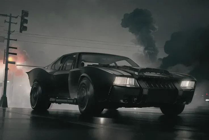 analog gloomy photo of a (black car, <lora:b4tm0b1l322:0.9>), racing down an avenue at night, city buildings on fire, (explosions in the background), ((nighttime)), High Detail, Sharp focus, ((photorealism)), realistic, best quality, 8k, award winning, dramatic lighting, epic, cinematic, masterpiece, dutch angle, ambient fog:1.3,