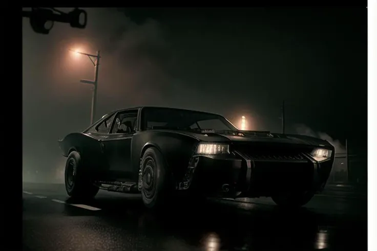 analog gloomy photo of a (black car, <lora:b4tm0b1l322:0.9>), racing down an avenue at night, city buildings on (fire), (explosions in the background), exposed engine in the trunk, ((nighttime)), High Detail, Sharp focus, ((photorealism)), realistic, best quality, 8k, award winning, dramatic lighting, epic, cinematic, masterpiece, dutch angle, ambient fog:1.3,