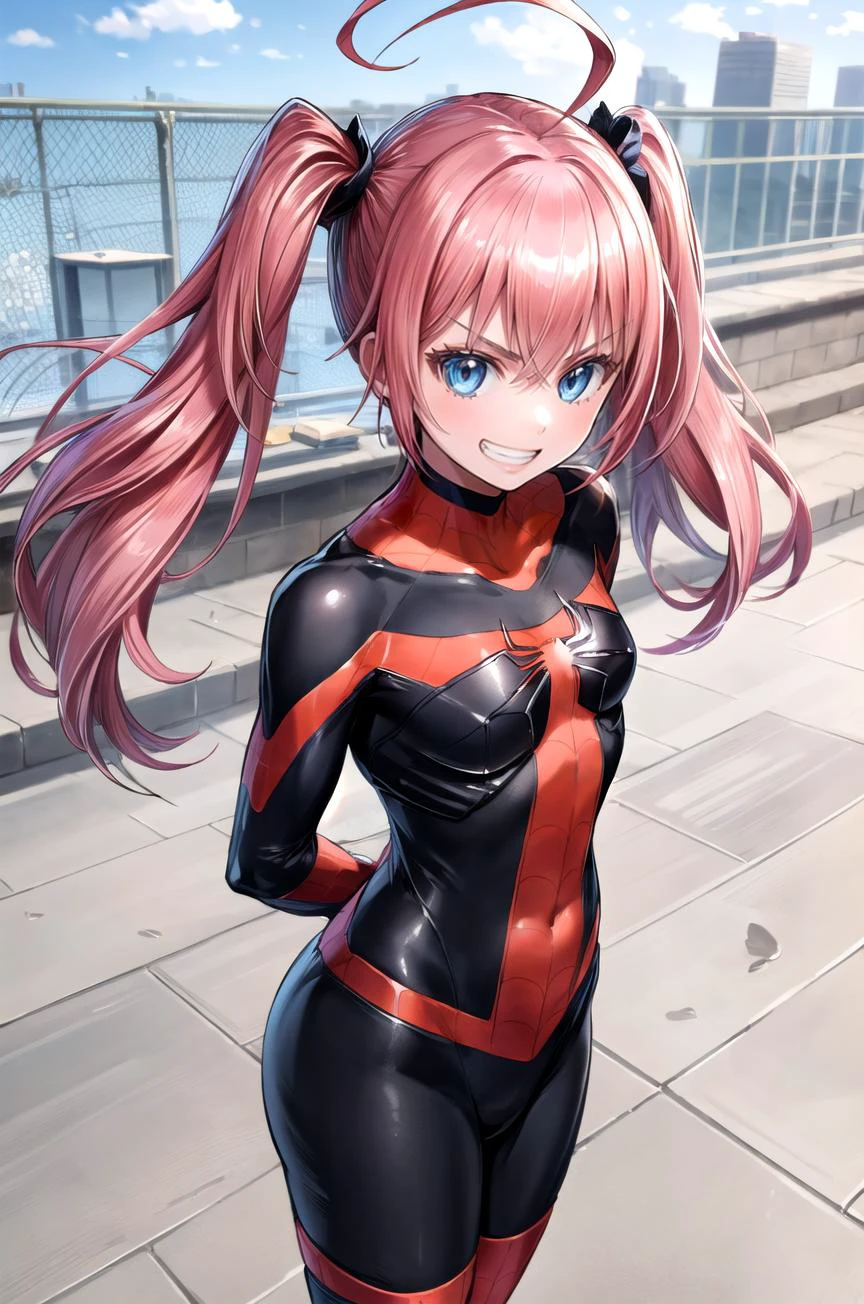 (masterpiece, best quality, detailed), 1girl, solo, looking at viewer, aamilim, long hair, twintails, ahoge, small breasts,
<lora:attire_spider-man:0.8>, spider suit, spider web print, spider web, <lora:school_rooftop_v0.1:1>, school rooftop, chain-link fence, fence, arms behind back, grin, v-shaped eyebrows, smug