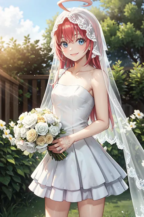masterpiece,best quality,highres,ultra-detailed,aamilim,long hair,ahoge,small breasts,<lora:milim_nava:0.9>,(wedding dress:1.2),white dress,(veil:1.2),garden,smile,outdoors,standing,cowboy shot,holding bouquet,