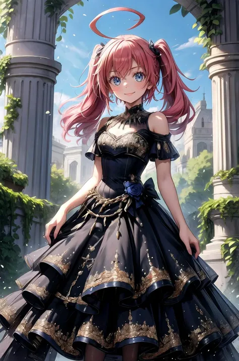 (masterpiece, best quality, detailed), 1girl, solo, looking at viewer, aamilim, long hair, twintails, ahoge, small breasts,
<lora:wrenchelegadome:0.8>, wrenchelegadome, black dress, layered dress, long dress, arch, pillar, column, architecture, overgrown, vines, blue sky, wedding, contrapposto, smile, closed mouth