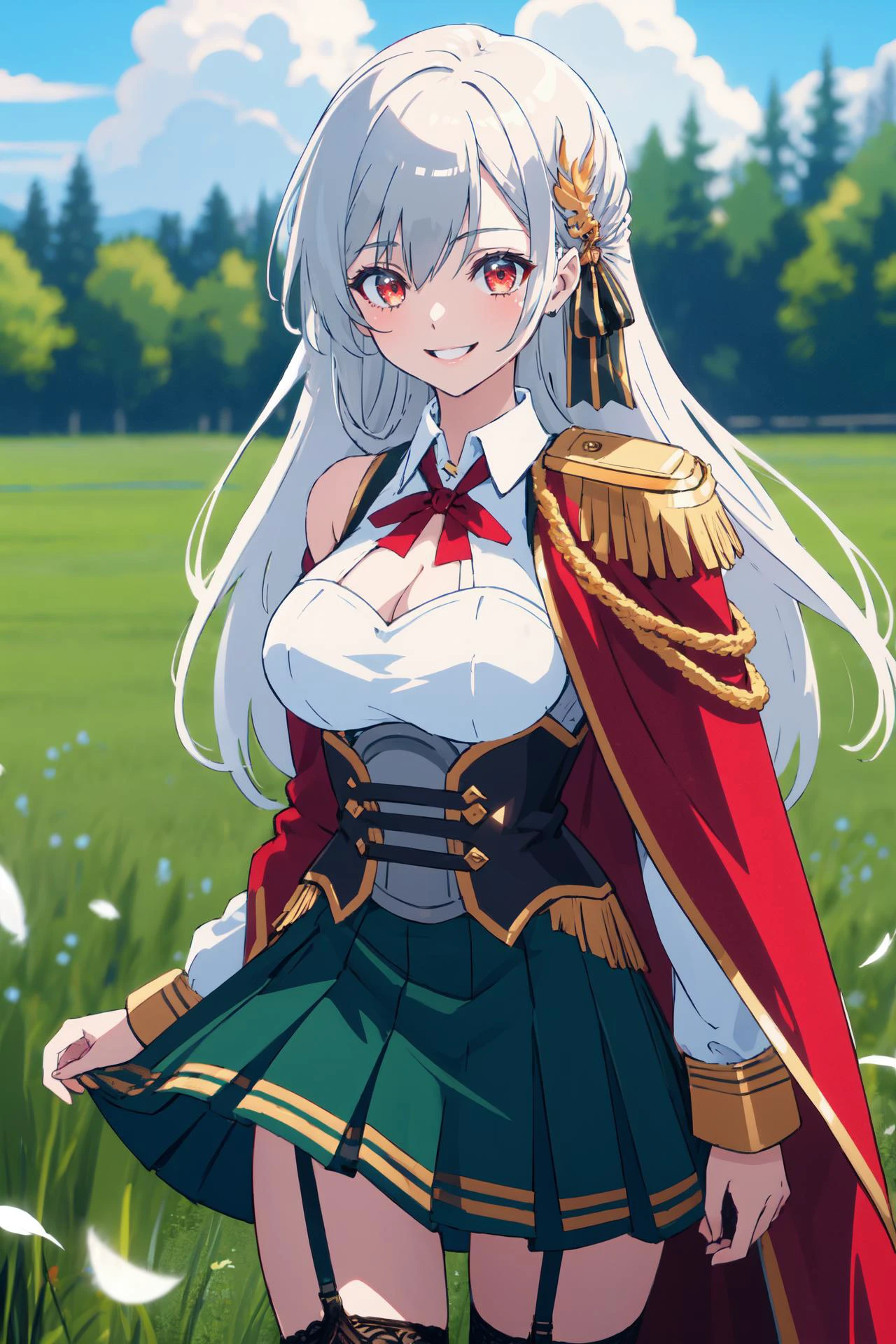 (high quality, best quality, 4k, 2k, (intricate:1.1), (high detail:1.3)), ((outdoors, field)), (official wallpaper, volumetric lighting, dynamic lighting),
1girl, solo, inglis, large breasts,
long hair, feather hair ornament, black hair ribbon, white shirt, corset, green skirt, cleavage cutout, shoulder cutout, long sleeves, red cape, epaulettes, red bowtie, garter straps, white thighhighs
cowboy shot, running, ((smiling)),
<lora:InglisEucus:0.7>