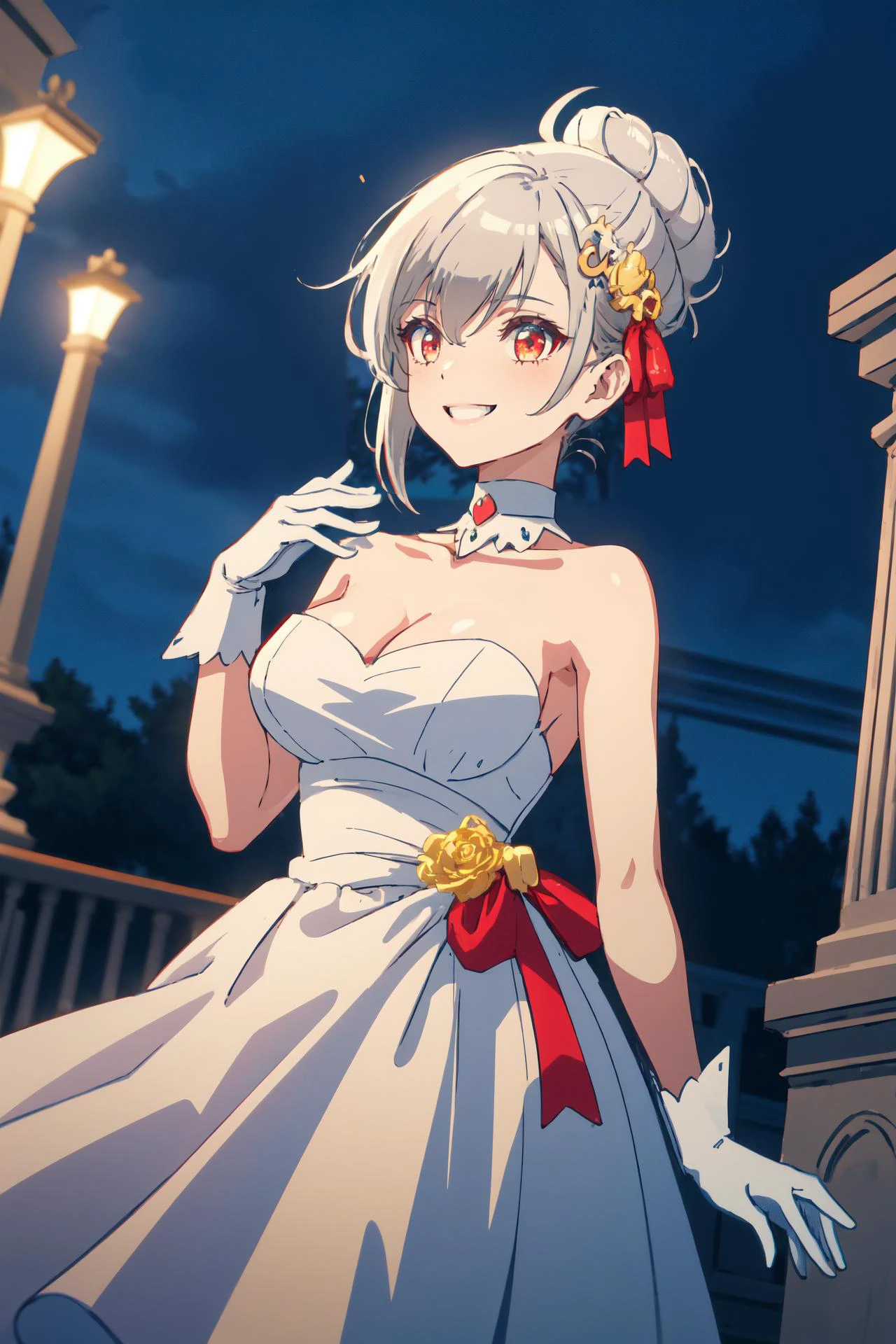 (high quality, best quality, 4k, 2k, (intricate:1.1), (high detail:1.3)), ((outdoors, ballroom, moonlight, pillar)), (official wallpaper, volumetric lighting, dynamic lighting),
1girl, solo, inglis, large breasts,
single hair bun, golden hair ornament, red hair ribbon, choker, white gloves, red dress, strapless
cowboy shot, standing, (dancing), ((smiling)),
<lora:InglisEucus:0.7>,