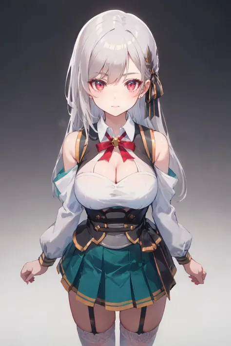 masterpiece, best quality, ultra-detailed, glistening shiny, glowing light, ray tracing, HDR, deph of field, (perfect face, detailed face), <lora:InglisEucus:0.8>, inglis, large breasts, long hair, feather hair ornament, black hair ribbon, white shirt, corset, green skirt, cleavage cutout, shoulder cutout, long sleeves, red bowtie, garter straps, white thighhighs, standing