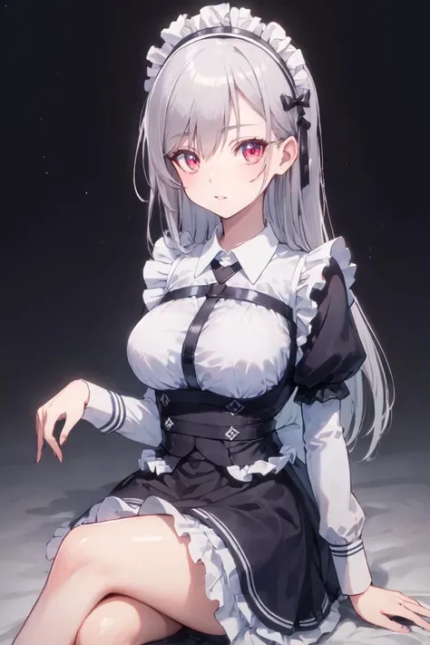 masterpiece, best quality, ultra-detailed, glistening shiny, glowing light, ray tracing, HDR, deph of field, (perfect face, detailed face), <lora:InglisEucus:0.8>, inglis, long hair, large breasts,maid uniform, harness, maid headress, long sleeves, sitting, crossed legs,