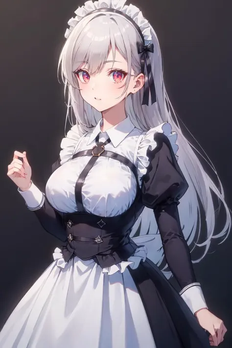 masterpiece, best quality, ultra-detailed, glistening shiny, glowing light, ray tracing, HDR, deph of field, (perfect face, detailed face), <lora:InglisEucus:0.8>, inglis, long hair, large breasts,maid uniform, harness, maid headress, long sleeves, cowboy shot