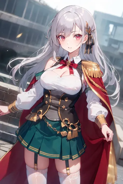 masterpiece, best quality, ultra-detailed, glistening shiny, glowing light, ray tracing, HDR, deph of field, (perfect face, detailed face), <lora:InglisEucus:0.8>, inglis, large breasts, long hair, feather hair ornament, black hair ribbon, white shirt, corset, green skirt, cleavage cutout, shoulder cutout, long sleeves, red cape, epaulettes, red bowtie, garter straps, white thighhighs, standing