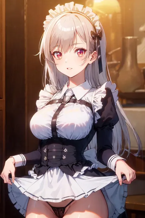 masterpiece, best quality, ultra-detailed, glistening shiny, glowing light, ray tracing, HDR, deph of field, (perfect face, detailed face), <lora:InglisEucus:0.8>, inglis, large breasts, long hair, maid uniform, maid headress, harness, long sleeves, skirt lift, thong, standing