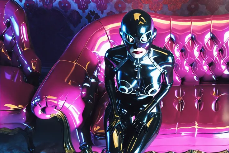a very beautiful and very thin girl, wears black underwear with tights and latex face mask. Dark room with only red neon lighting. lot of details, extremely realistic. good quality, 8K