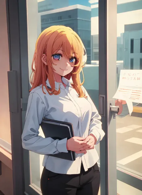 1girl,smile,cowboy shot, office, <lora:Oshi no Ko Style:1>