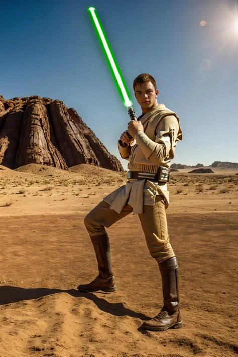 desert planet of Jakku, golden hour, standing, CliffJensen in jedioutfit, holding (green lightsaber), (((full body portrait))), wide angle  <lora:CliffJensen:0.8>   <lora:starwars:0.5>  <lora:jedioutfit:0.7>