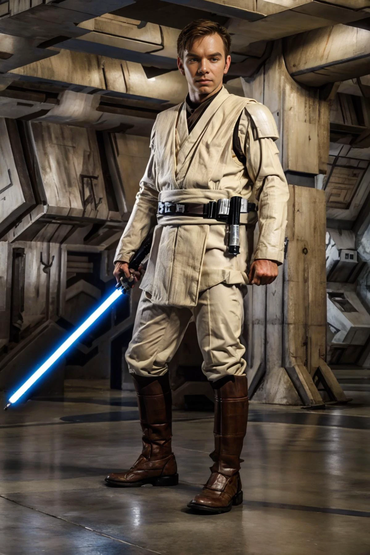 Star Wars, imperial base surrounded by multiple storm troopers, standing, holding lightsaber, slight smile, AddisonGraham in jedioutfit, (((full body portrait))), wide angle, <lora:AddisonGraham:0.8> <lora:jedioutfit:0.8> <lora:starwars:0.3> <lora:storm trooper:0.6>