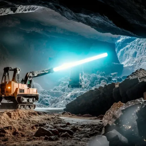 Create a piece of art that captures the dynamic, high-tech atmosphere of an underground asteroid mining base in the Star Wars universe. Imagine exploring the cavernous depths of the asteroid, where towering mining equipment and crystal formations coexist in a delicate balance. Listen to the constant hum of machinery and the crackling energy of the laser drills as miners extract precious minerals from the rocky walls. Notice the intricate, colorful crystal formations that jut out from the walls and ceilings, reflecting and refracting the harsh industrial lighting. Feel the weight of the rock overhead, as though the entire asteroid were closing in around you. Experiment with colors, textures, and shapes to create a unique piece of art that captures the complex, contrasting nature of this industrial mining environment, where advanced technology meets the raw power of the natural world<lora:Environment - StarWars:1>