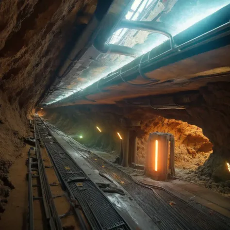 Create a piece of art that captures the intense, high-tech atmosphere of an underground asteroid mining base in the Star Wars universe. Imagine descending into the depths of the asteroid, where the air is thick with dust and the sound of drilling fills the air. Navigate through a maze of tunnels and chambers, where towering mining equipment looms over you at every turn. Notice the vibrant crystal formations that adorn the walls and ceilings, casting a colorful glow across the harsh metallic surfaces. Feel the weight of the rock above you, as you work alongside miners to extract valuable resources from the depths. Experiment with colors, textures, and shapes to create a unique piece of art that captures the intricate, underground nature of this industrial mining environment.<lora:Environment - StarWars:1>