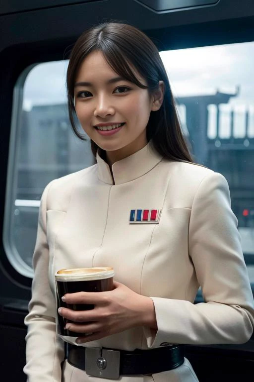 star destroyer interior, beautiful smiling woman wearing an imperial officer uniform and holding a mug of coffee, <lora:ImpofficerV2:0.4>, <lora:Environment - StarWars:0.7>,, masterpiece, ultra high res, high quality, Fujifilm XT3, contrast, realism,<lora:japanese_actress_mix-V5:0.2>, <lora:JapaneseDollLikeness_v15:0.2>, <lora:koreanDollLikeness:0.2>, <lora:taiwanDollLikeness_v20:0.15> <lora:HongKongDollLikeness_v15:0.15>, detailed skin, wispy hair, detailed eyes,