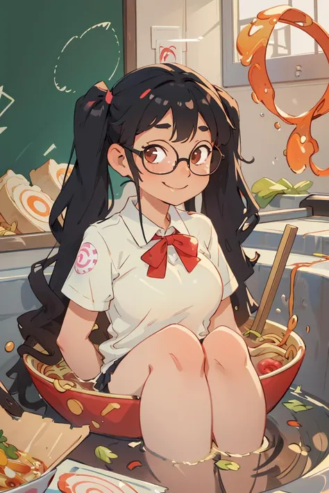 <lora:sendnoods2:1>,(sendnoods:1.2),1girl,(partially submerged:1.2),looking at viewer,smile,bowl,noodles,sitting,(gigantic breasts),glasses,school uniform,twintails,black hair,