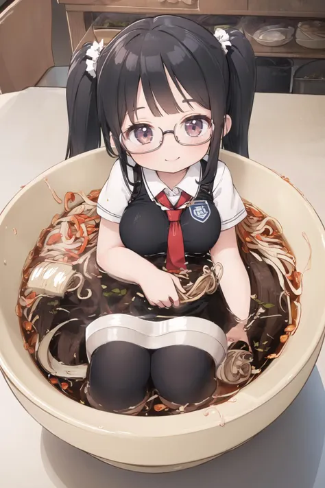 <lora:sendnoods2:0.6>, (sendnoods:1.2), 1girl, (partially submerged:1.2), looking at viewer, smile, bowl, noodles, sitting, (gigantic breasts), glasses, school uniform, twintails, black hair