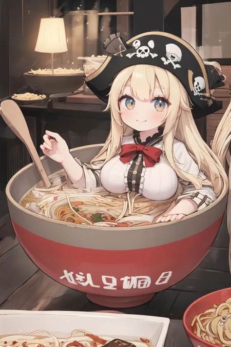 <lora:sendnoods2:0.6>, (sendnoods:1.2), 1girl, (partially submerged:1.2), looking at viewer, smile, bowl, noodles, sitting, (gigantic breasts), pirate hat, pirate, coat