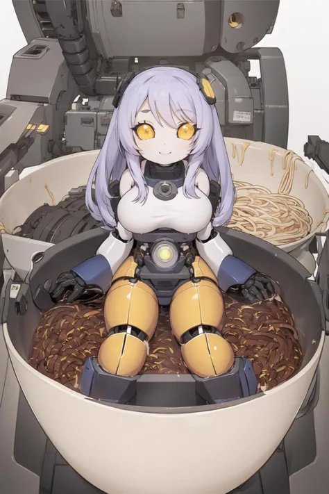 <lora:sendnoods2:0.6>, (sendnoods:1.2), 1girl, (partially submerged:1.2), looking at viewer, smile, bowl, noodles, sitting, (gigantic breasts), <lora:Solid-10:0.8>, solid eyes, yellow eyes, robot girl, mecha musume, colored sclera