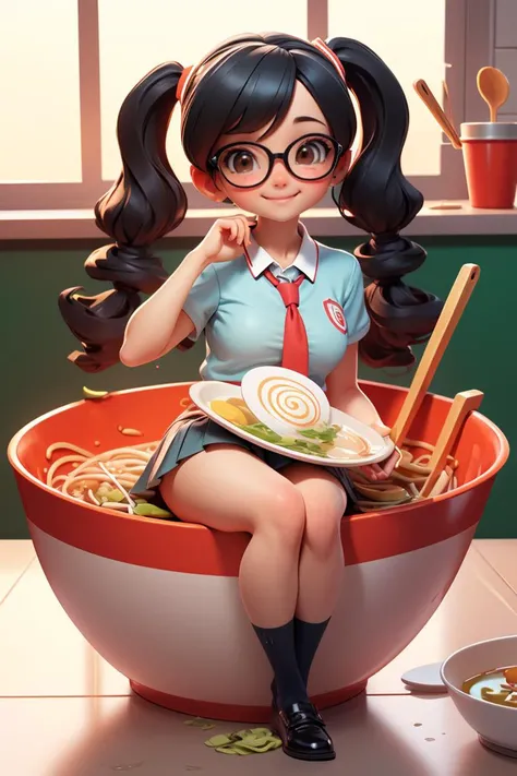 <lora:sendnoods2:1>,(sendnoods:1.2),1girl,(partially submerged:1.2),looking at viewer,smile,bowl,noodles,sitting,(gigantic breasts),glasses,school uniform,twintails,black hair,