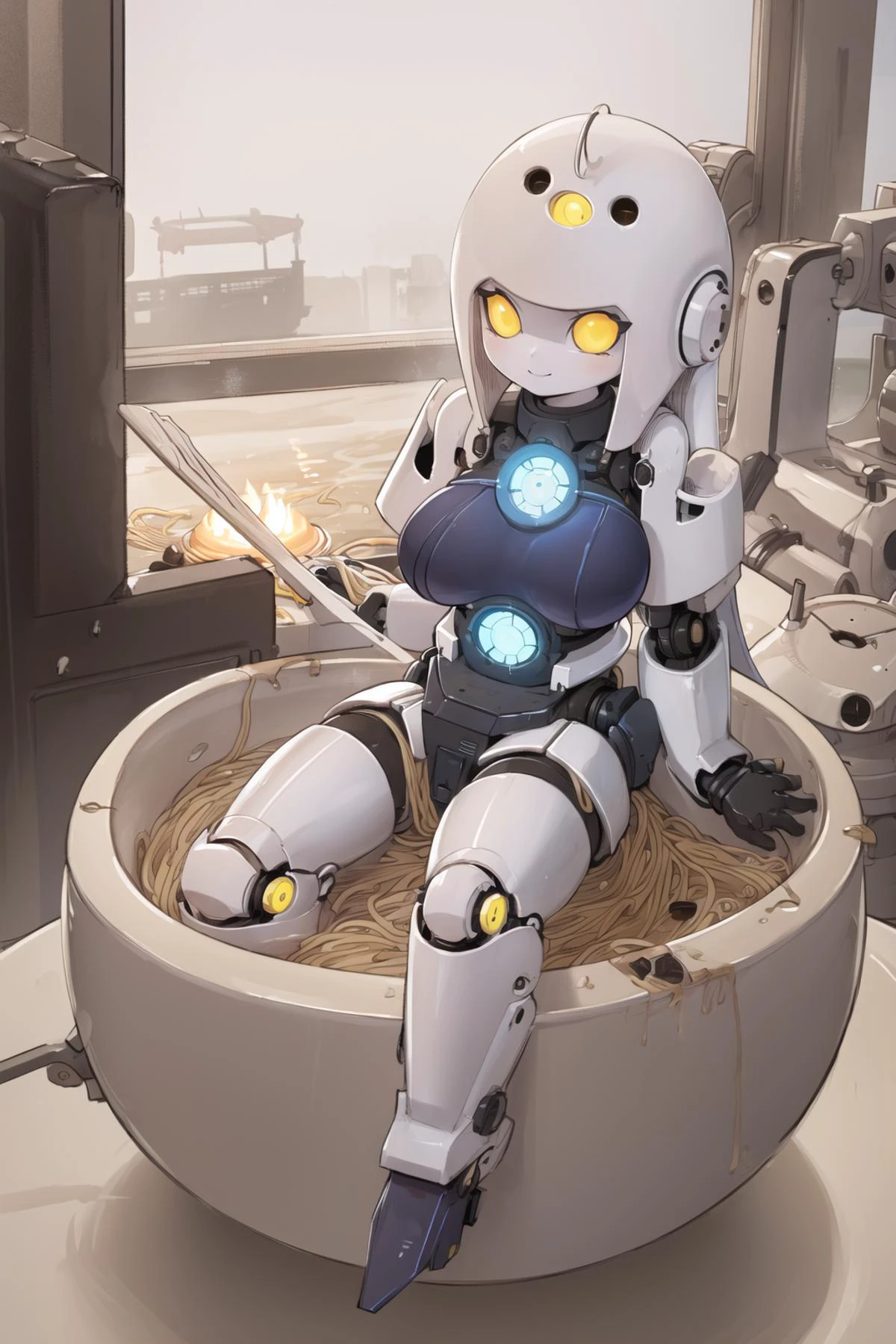 <lora:sendnoods2:0.6>, (sendnoods:1.2), 1girl, (partially submerged:1.2), looking at viewer, smile, bowl, noodles, sitting, (gigantic breasts), <lora:Solid-10:0.8>, solid eyes, yellow eyes, robot girl, mecha musume, colored sclera