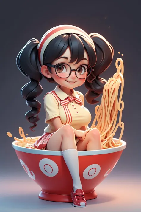 <lora:sendnoods2:1>,(sendnoods:1.2),1girl,(partially submerged:1.2),looking at viewer,smile,bowl,noodles,sitting,(gigantic breasts),glasses,school uniform,twintails,black hair,