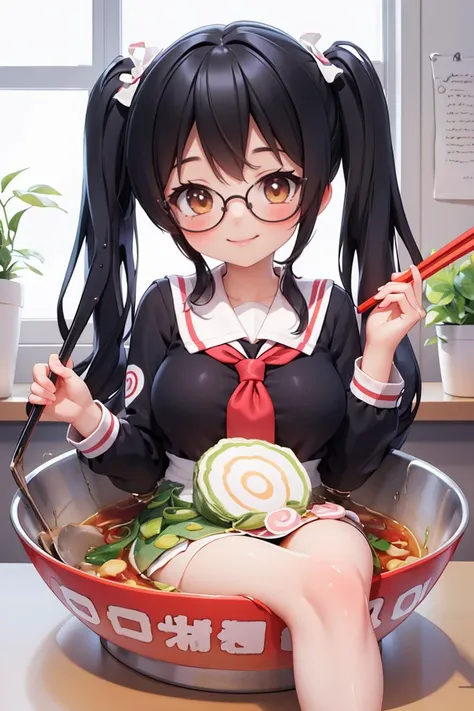 <lora:sendnoods2:1>,(sendnoods:1.2),1girl,(partially submerged:1.2),looking at viewer,smile,bowl,noodles,sitting,(gigantic breasts),glasses,school uniform,twintails,black hair,