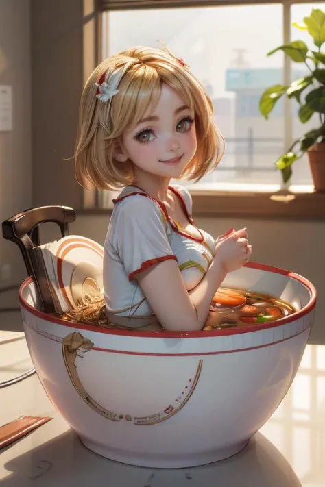 vibrant details, studio lighting, photography, ambient soft lighting, 4k,(extremely detailed fine touch:1.3),(hard light, studio light, light rays, dappled light, reflection, shadows, ray tracing:1),
(1girl), solo, perfect anatomy, beautiful detailed eyes, sharp focus, glowing eyes, detailed 4k eyes, (chibi, toon \(style\):1.2),
<lora:sendnoods2:1.0>, (sendnoods:1.2), 1girl, (partially submerged:1.2), looking at viewer, smile, bowl, noodles, sitting, gigantic breasts,
<lora:granblue_djeeta:0.6>, djeeta, blonde hair, brown eyes, breasts
looking at viewer, smile
(head tilt:0.8)
(best illumination, beautiful detailed glow),