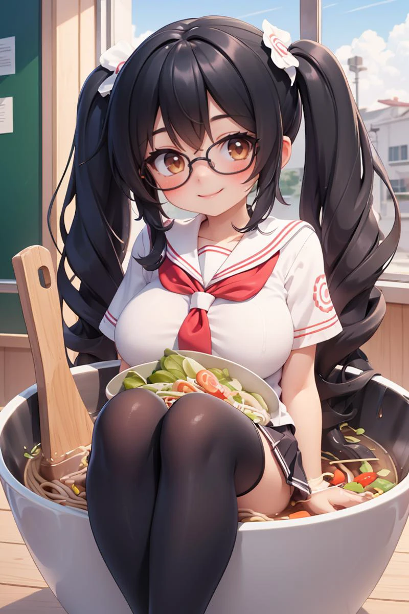 <lora:sendnoods2:1>,(sendnoods:1.2),1girl,(partially submerged:1.2),looking at viewer,smile,bowl,noodles,sitting,(gigantic breasts),glasses,school uniform,twintails,black hair,