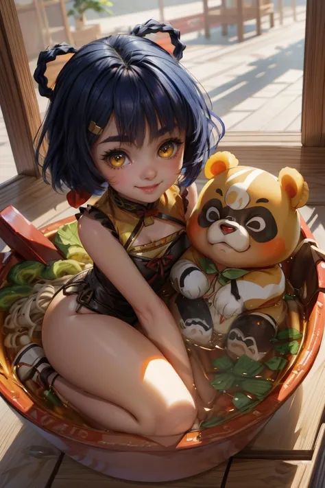 vibrant details, studio lighting, photography, ambient soft lighting, 4k,(extremely detailed fine touch:1.3),(hard light, studio light, light rays, dappled light, reflection, shadows, ray tracing:1),
(1girl), solo, perfect anatomy, beautiful detailed eyes, sharp focus, glowing eyes, detailed 4k eyes, (chibi, toon \(style\):1.2),
<lora:sendnoods2:1.0>, (sendnoods:1.2), 1girl, (partially submerged:1.2), looking at viewer, smile, bowl, noodles, sitting, chili pepper, red soup, spicy, tomyum, from above,
<lora:xiangling:0.7>,(panda:1.2), xiangling \(genshin impact\), smile,blue hair,short hair,thick eyebrows,hairclip,hair rings, braid, yellow eyes,chinese clothes
looking at viewer, smile
(head tilt:0.8)
(best illumination, beautiful detailed glow),
