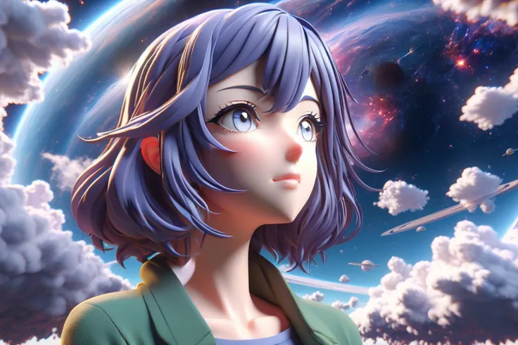 3d, 3d render,3d rendering,3d anime, japanese anime, highly detailed, vibrant, production cinematic,young day dreaming woman with head in galaxy outer space clouds. Concept of dreams or imagination