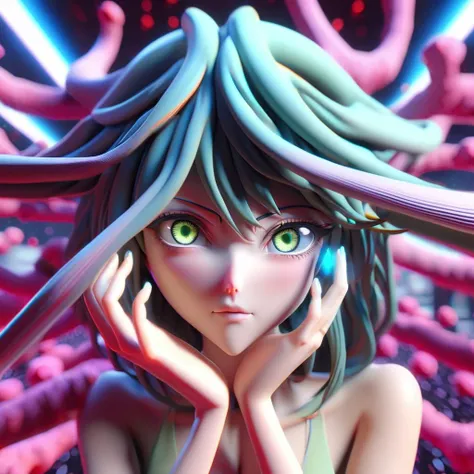 3d, 3d render,3d rendering,3d anime, japanese anime, highly detailed, vibrant, production cinematic,Surreal portrait of a woman female creature alien with hands holding her head on cosmic background. symbolizes our feebleness and impotency in front of the hands of fortune or fate