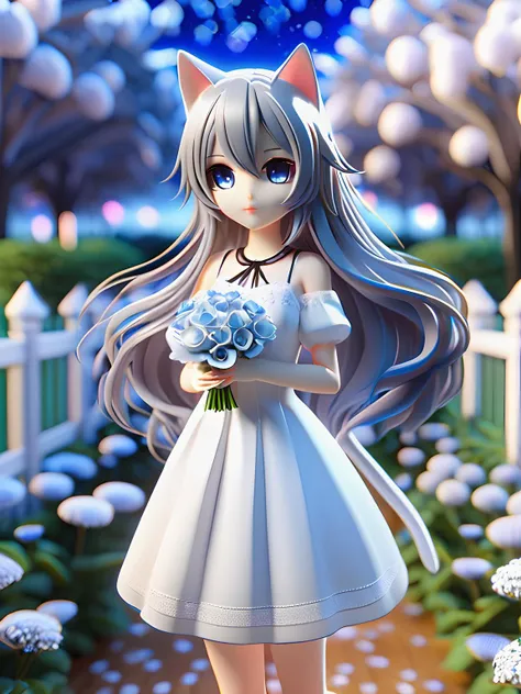 1 mmd model KAWAII cat girl. white gothic dress, flower garden, starry sky, Light reflects on the skin.
highlights hair hair, Medium Long hair, grey-blue eye, fair skin.
Exact Physics. Perfect anatomy, best quality. ultra detailed.