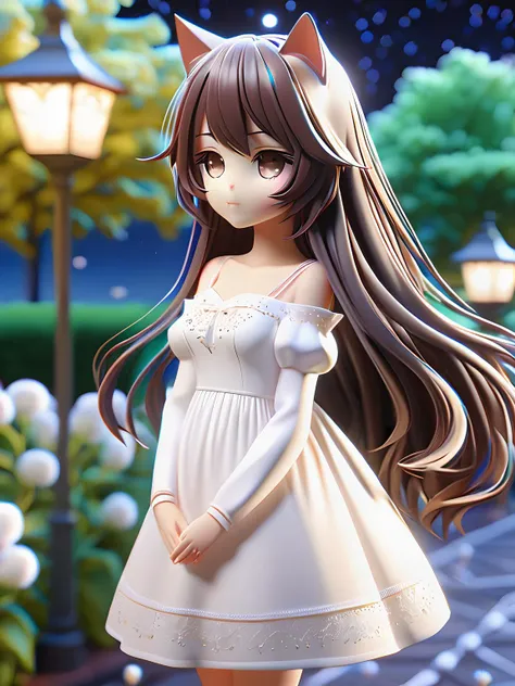 1 KAWAII cat girl. white gothic dress, flower garden, starry sky, Light reflects on the skin. side view.
highlights hair hair, Medium Long hair, hazel eye, chocolate skin.
Exact Physics. Perfect anatomy, best quality. ultra detailed.